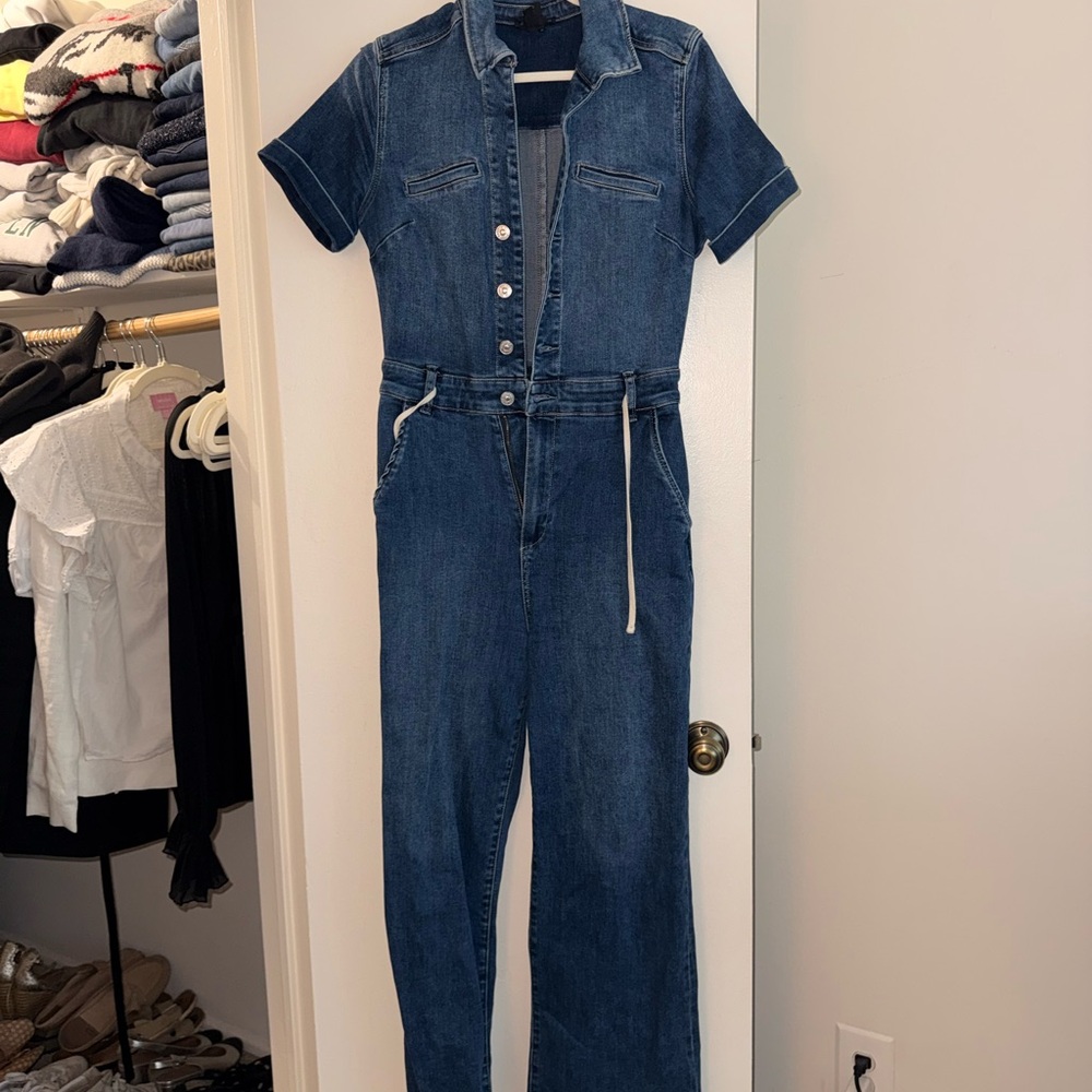 Paige Denim Short Sleeve Utility Jumpsuit - Dark Blue